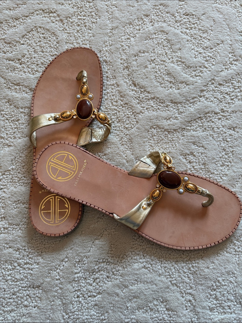 Lilly Pulitzer Gold Metallic Jeweled Thong Sandals with Brown Stones
